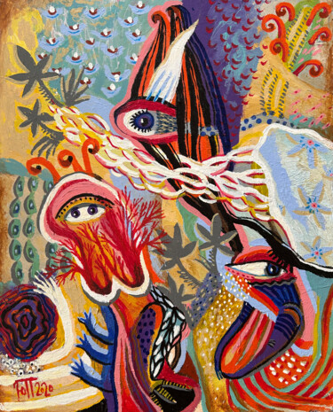 Malarstwo zatytułowany „My Guests.” autorstwa Yuliya Pochynok (JJ Julia), Oryginalna praca, Akryl Zamontowany na Drewniana r…