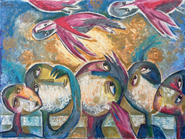 Pittura intitolato "Angel-Birds." da Yuliya Pochynok (JJ Julia), Opera d'arte originale, Olio Montato su Telaio per barella…