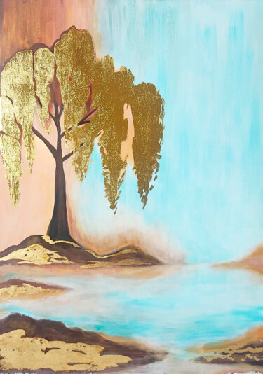 Painting titled "Tree in the fog" by Yuliya Zhuk, Original Artwork, Acrylic Mounted on Wood Stretcher frame