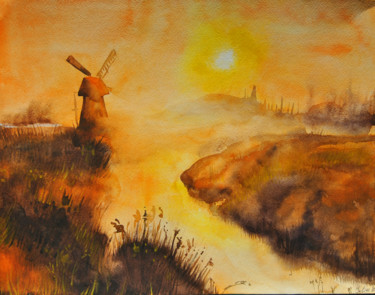 Pintura intitulada "Hot Sunset" por Yuliya Trubacheva, Obras de arte originais, Aquarela