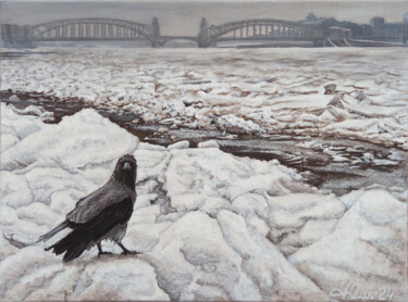 Painting titled "Winter. Crow. Bridg…" by Yuma Talan, Original Artwork, Acrylic Mounted on Wood Stretcher frame