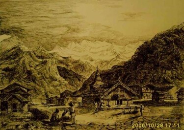绘画 标题为“钢笔画：山居人家” 由云阳 王, 原创艺术品, 油