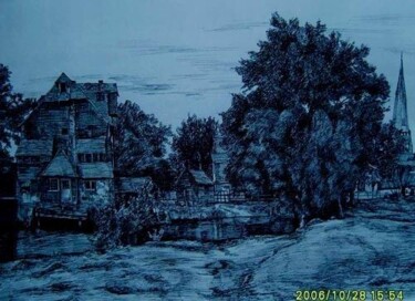 绘画 标题为“钢笔画：池塘边” 由云阳 王, 原创艺术品, 油
