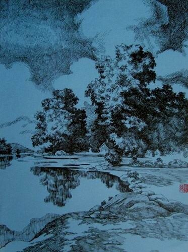 绘画 标题为“钢笔画：月下湖边” 由云阳 王, 原创艺术品, 油