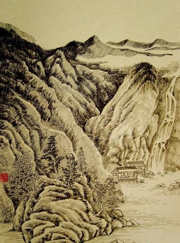 Painting titled "钢笔画：中国山水" by Yun Yang Wang, Original Artwork, Oil