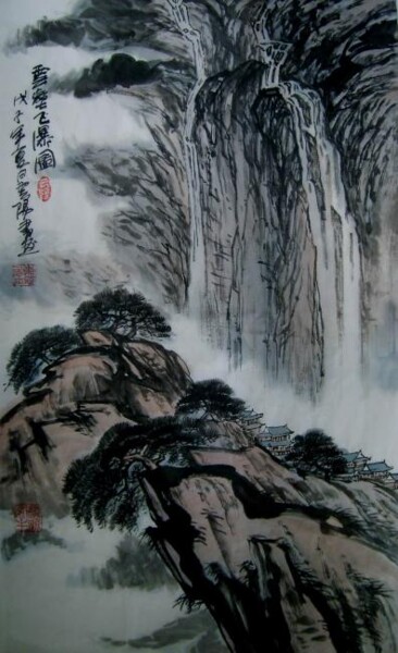 Painting titled "国画山水：云壑飞瀑图" by Yun Yang Wang, Original Artwork, Oil