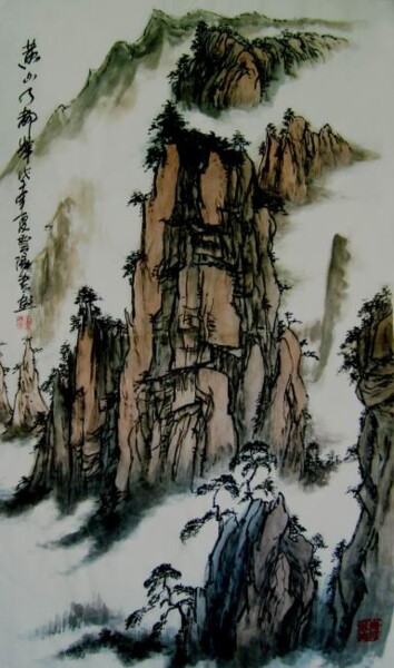 Painting titled "国画山水：黄山天都峰" by Yun Yang Wang, Original Artwork, Oil