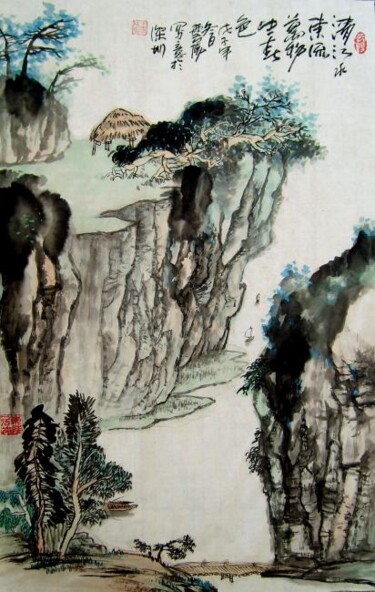 Painting titled "国画山水：清江水东流，万物生春色" by Yun Yang Wang, Original Artwork, Oil
