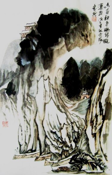 绘画 标题为“国画山水：山寺秋色，抚琴观瀑图” 由云阳 王, 原创艺术品, 油