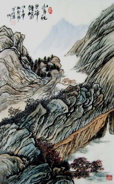 绘画 标题为“国画山水：山寺秋色带钟声” 由云阳 王, 原创艺术品, 油