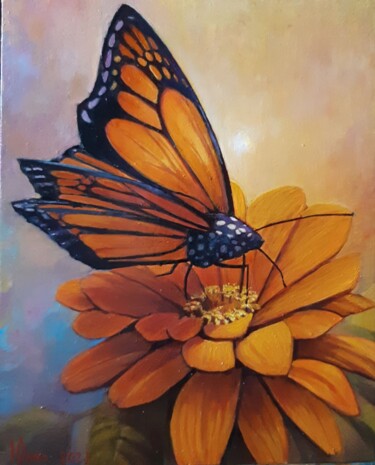 Картина под названием "Бабочка и гербера" - Yunna V`Yun, Подлинное произведение искусства, Масло
