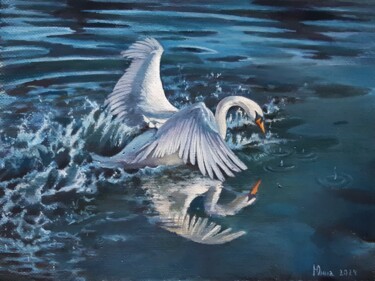 Картина под названием "Белый лебедь на пру…" - Yunna V`Yun, Подлинное произведение искусства, Масло