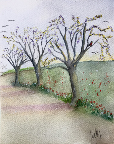 Painting titled "Una strada all'alba" by Yūrei, Original Artwork, Watercolor