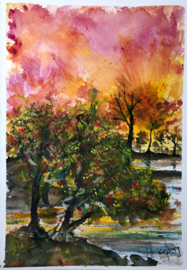 Painting titled "Un tramonto" by Yūrei, Original Artwork, Watercolor