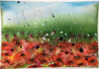 Painting titled "Il campo dei papave…" by Yūrei, Original Artwork, Watercolor
