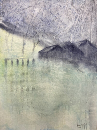 Painting titled "Le case sul lago" by Yūrei, Original Artwork, Watercolor