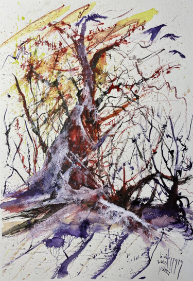 Painting titled "L'ulivo rosso" by Yūrei, Original Artwork, Watercolor