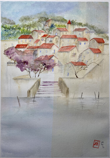 Painting titled "Un borgo sul lago" by Yūrei, Original Artwork, Watercolor