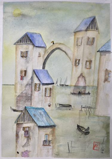 Schilderij getiteld "La città di qua,  l…" door Yūrei, Origineel Kunstwerk, Aquarel