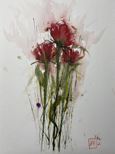 Peinture intitulée "Tre rose rosse" par Yūrei, Œuvre d'art originale, Aquarelle