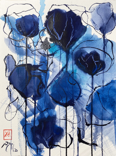 Pintura titulada "I fiori blu" por Yūrei, Obra de arte original, Acuarela