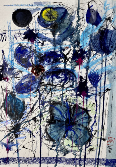 Pittura intitolato "I fiori del blu" da Yūrei, Opera d'arte originale, Acquarello