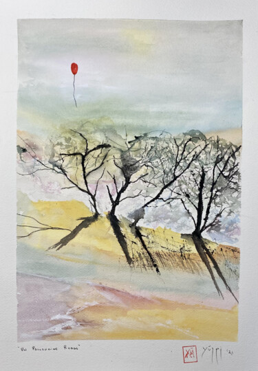 Pintura intitulada "Un palloncino rosso" por Yūrei, Obras de arte originais, Aquarela