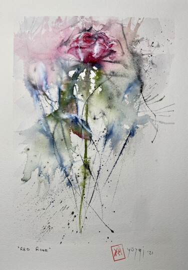 Painting titled "Red Rose" by Yūrei, Original Artwork, Watercolor