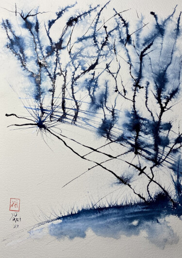 Peinture intitulée "Blu Trees Abstract" par Yūrei, Œuvre d'art originale, Aquarelle