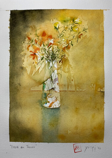 Pittura intitolato "I fiori sul tavolo" da Yūrei, Opera d'arte originale, Acquarello