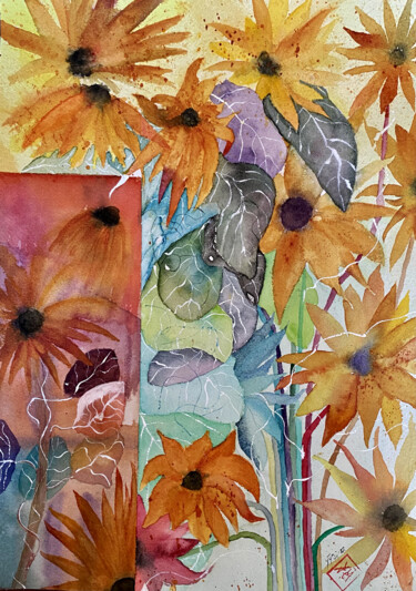 Картина под названием "Sunflowers" - Yūrei, Подлинное произведение искусства, Акварель