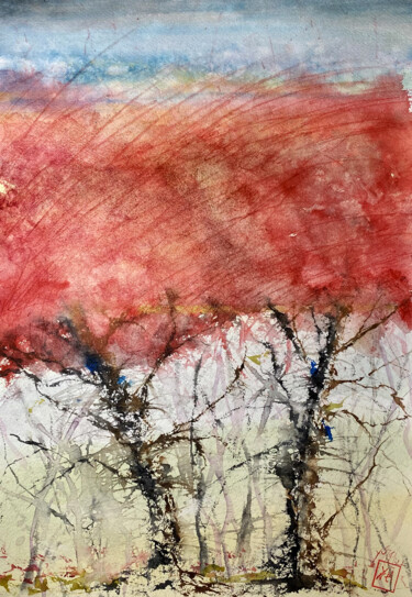 Malarstwo zatytułowany „Red trees” autorstwa Yūrei, Oryginalna praca, Akwarela