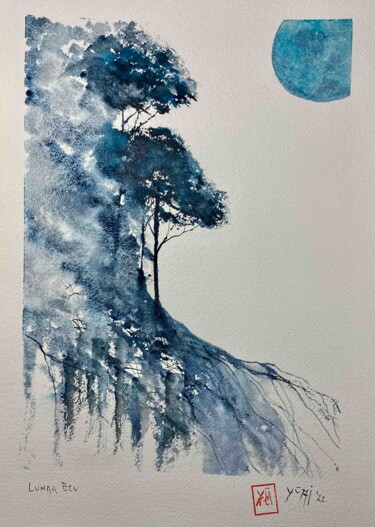 Peinture intitulée "Lunar blu" par Yūrei, Œuvre d'art originale, Aquarelle
