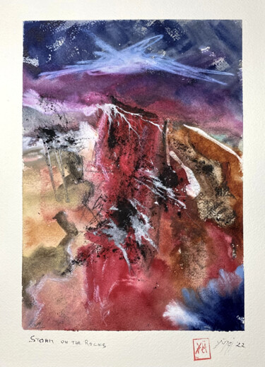 Peinture intitulée "Storm on the rocks" par Yūrei, Œuvre d'art originale, Aquarelle