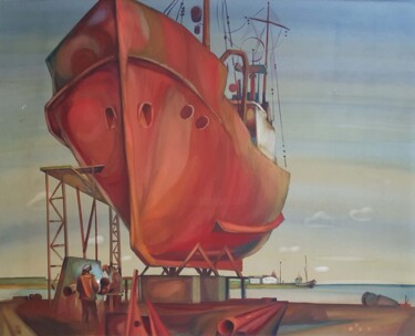 Schilderij getiteld "The Red Ship" door Yuri  And  Irina Gretsky, Origineel Kunstwerk, Aquarel