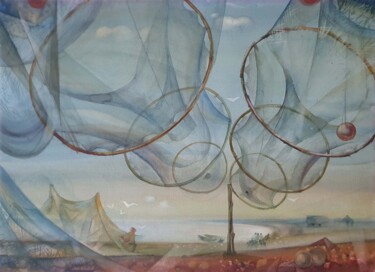 Pintura intitulada "Fishermen's Shore" por Yuri  And  Irina Gretsky, Obras de arte originais, Aquarela