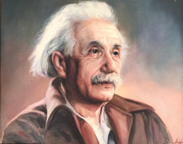 Painting titled "Albert Einstein" by Yuri Kovachev, Original Artwork, Oil Mounted on Wood Stretcher frame