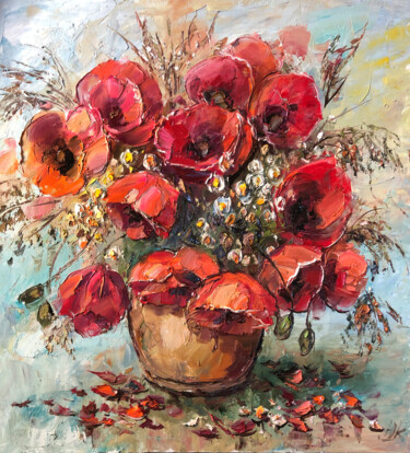 Painting titled "poppies bouquet" by Yuri Kovachev, Original Artwork, Oil Mounted on Wood Stretcher frame