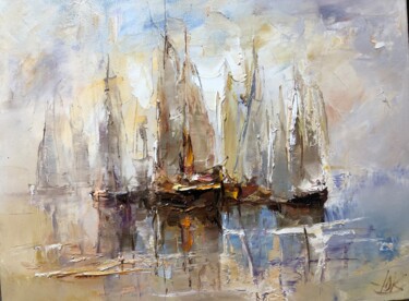 Painting titled "Boats" by Yuri Kovachev, Original Artwork, Oil Mounted on Wood Stretcher frame