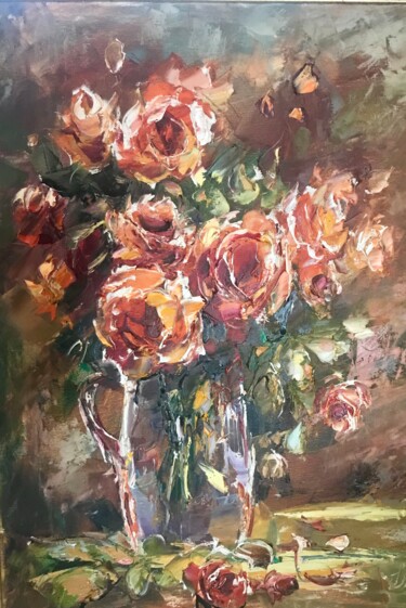 Painting titled "vase with roses" by Yuri Kovachev, Original Artwork, Oil