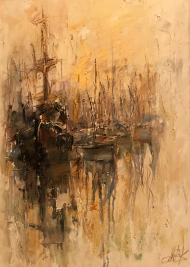 Painting titled "ghost boats" by Yuri Kovachev, Original Artwork, Oil Mounted on Wood Stretcher frame