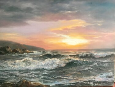 Painting titled "black sea morning" by Yuri Kovachev, Original Artwork, Oil Mounted on Wood Stretcher frame