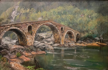 Painting titled "devil bridge" by Yuri Kovachev, Original Artwork, Oil Mounted on Wood Stretcher frame