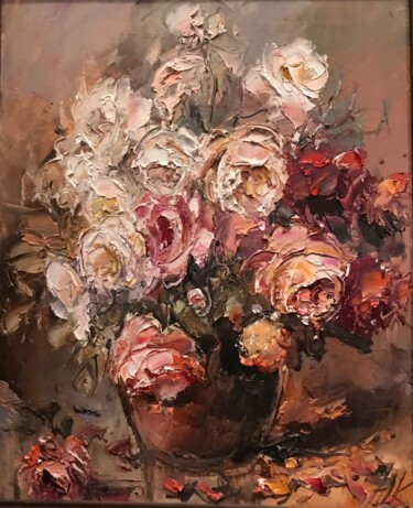 Painting titled "white roses" by Yuri Kovachev, Original Artwork, Oil Mounted on Wood Stretcher frame