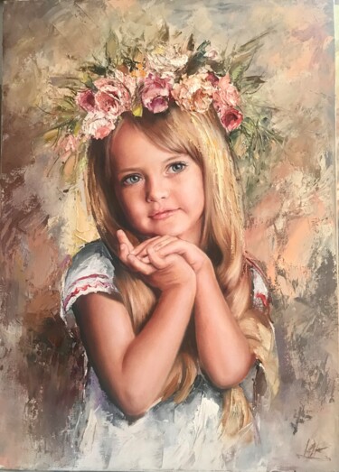 Painting titled "the girl from the r…" by Yuri Kovachev, Original Artwork, Oil Mounted on Wood Stretcher frame