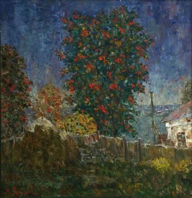 Painting titled "Rain. Rowan." by Yuri Zharkov, Original Artwork, Oil