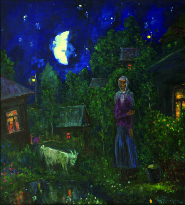 Картина под названием "Moon, goat and gran…" - Yuri Zharkov, Подлинное произведение искусства, Масло