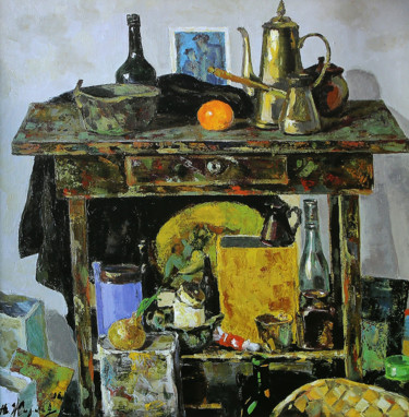 Painting titled "Artist's Desk" by Yuri Zharkov, Original Artwork, Oil