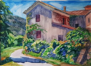 Pintura intitulada "La maison rose" por Yurii Kozliuk, Obras de arte originais, Aquarela