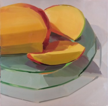 Painting titled "Sliced Mango on a G…" by Yuri Tayshete, Original Artwork, Oil